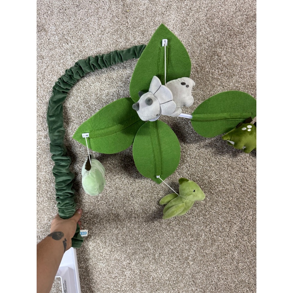 Musical Baby Crib Mobile Dinosaur Theme Plush Green Leaves Nursery Decor